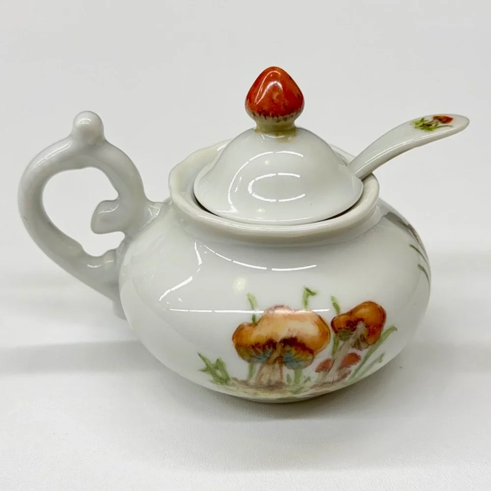 L Lancaster Hand Painted Mushroom Porcelain Jam Pot with Lid and‎ Spoon Vintage